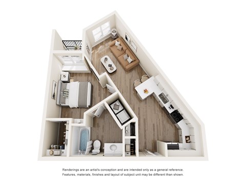 A white floor plan of a house with a kitchen, living room, and bathroom.